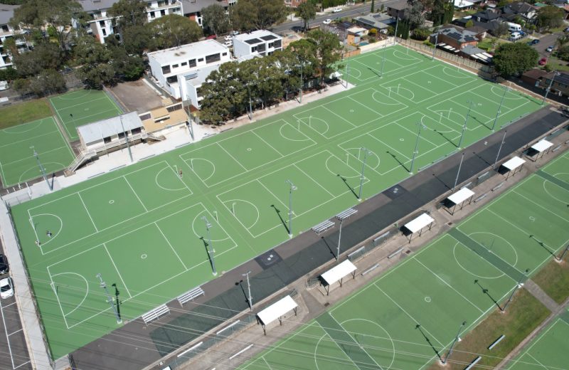 Image shows an ariel view of a series of netball courts constructed by Ashtar Civils